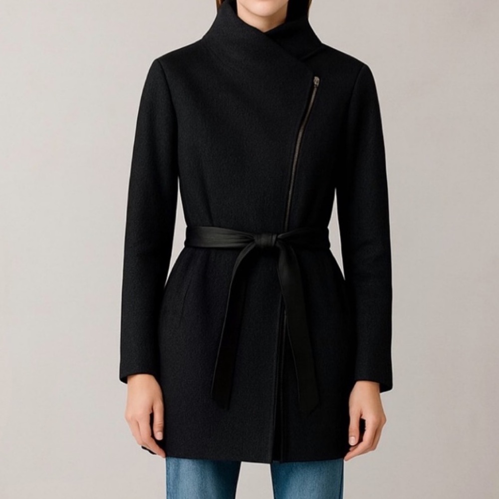 Soia & Kyo Black Asymmetrical Zip Wool Coat with Belt